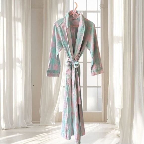 House of Japan Pastel Pink Blue Cotton Linen Blend Robe Size S/M - Picture 2 of 16
